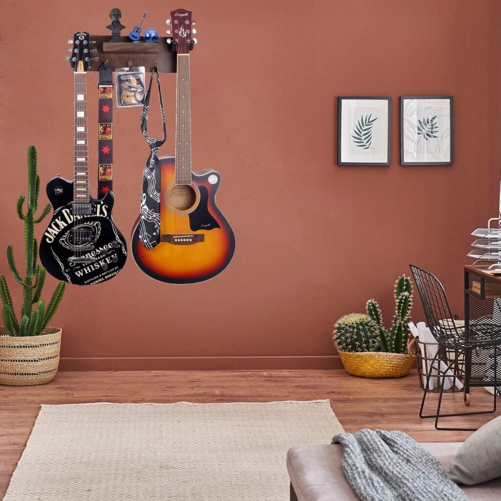 Gitaar wandhouder met houten plank van zwart walnoothout, pickhouder en 3 metalen haakjes voor elektrische en akoestische gitaren