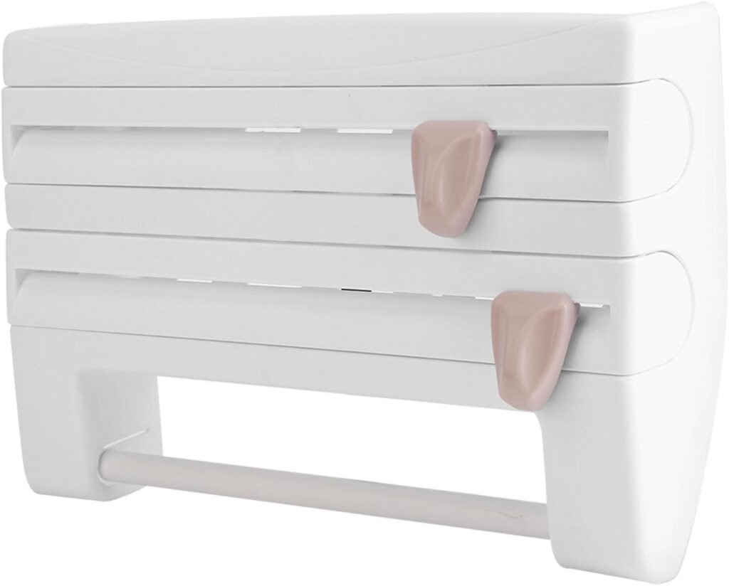 Wandhouder voor plasticfolie en keukenrol met snijbladen, multifunctioneel wit keukenrek van 39 x 10 x 24 cm