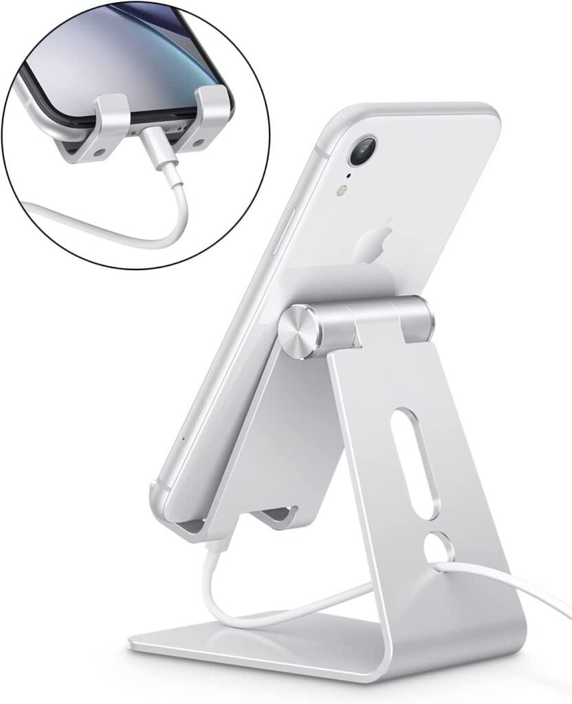 Verstelbare aluminium telefoonstandaard voor smartphone en tablet op bureau, ergonomisch design voor handsfree gebruik