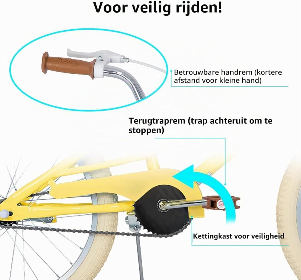 Meisjesfiets met zijwieltjes en mandje, kinderfiets van 12 tot 20 inch met verstelbaar zadel en zijstandaard
