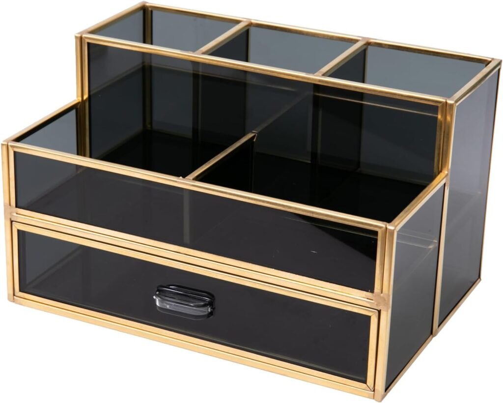 Zwarte cosmetische organizer met lades, glazen make-up opberger en kwastenhouder