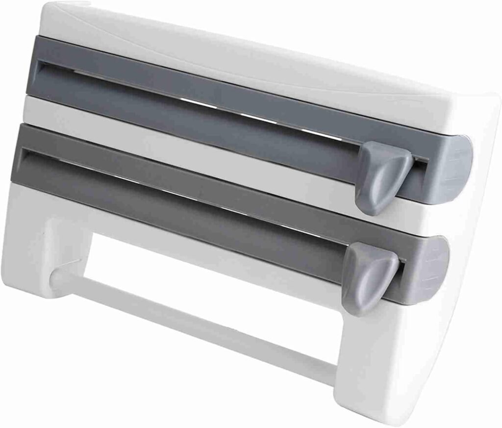 Wandhouder voor plasticfolie en keukenrol met snijbladen en opbergruimte, grijs-wit, 39 x 10 x 24 cm