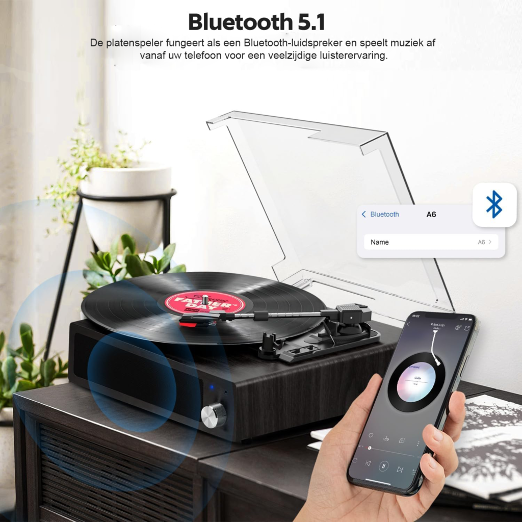 Platenspeler met ingebouwde stereo speakers, Bluetooth en retro walnoothoutdesign met 3 afspeelsnelheden van 33, 45 en 78 RPM