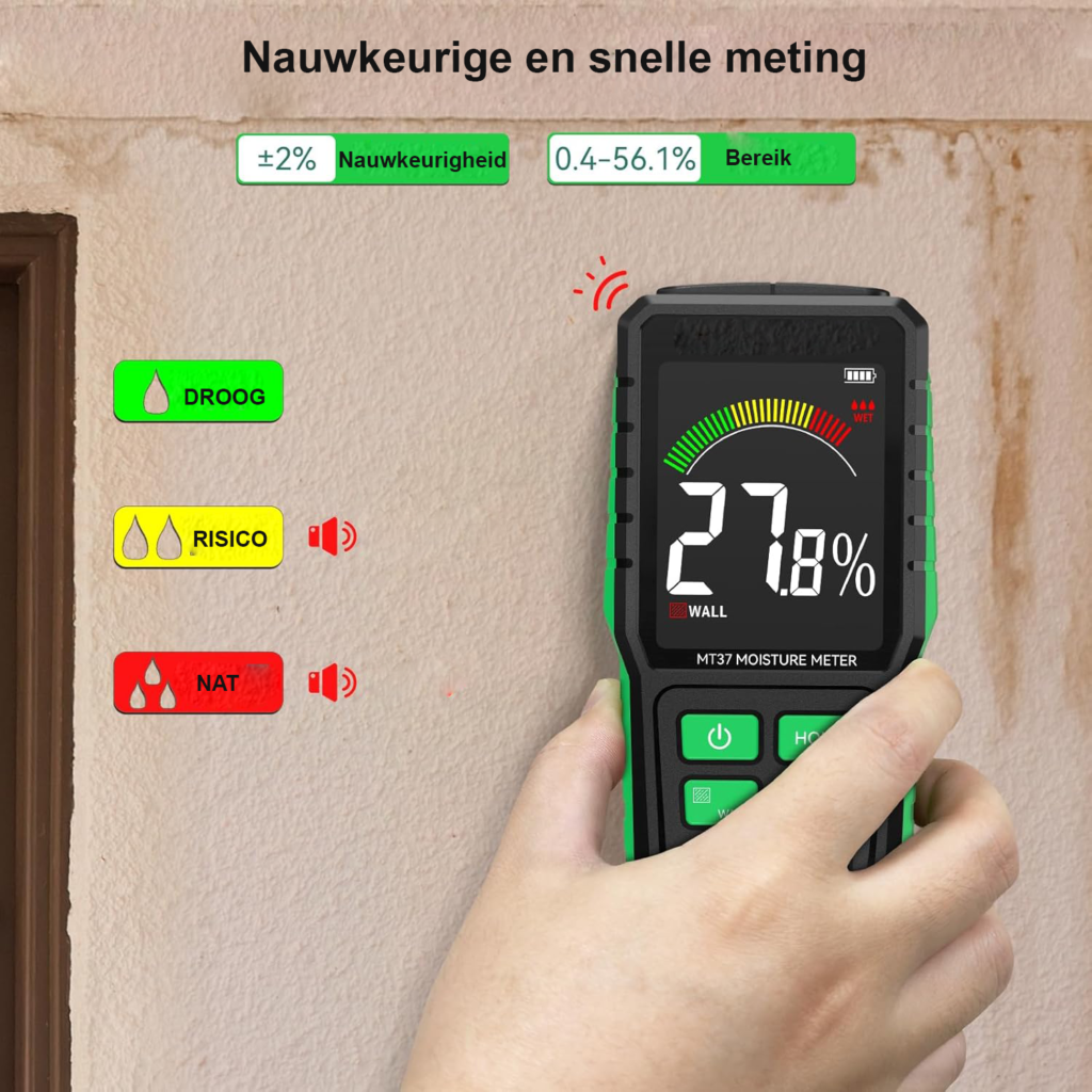 Pinloze digitale vochtmeter met LCD-display en achtergrondverlichting voor muren, hout en metselwerk, USB-oplaadbaar en niet-invasief