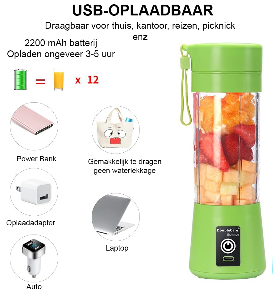 Draagbare Blender 380 ml - USB Oplaadbare Smoothie Maker - Mini Blender voor Shakes en Sap - Elektrische Mixer met 6 Messen