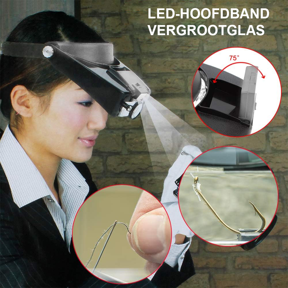 Hoofdband vergrootglas met LED-verlichting en instelbare lens voor handsfree precisiewerk, geschikt voor brildragers, juwelen, diamanten, postzegels en tandheelkunde