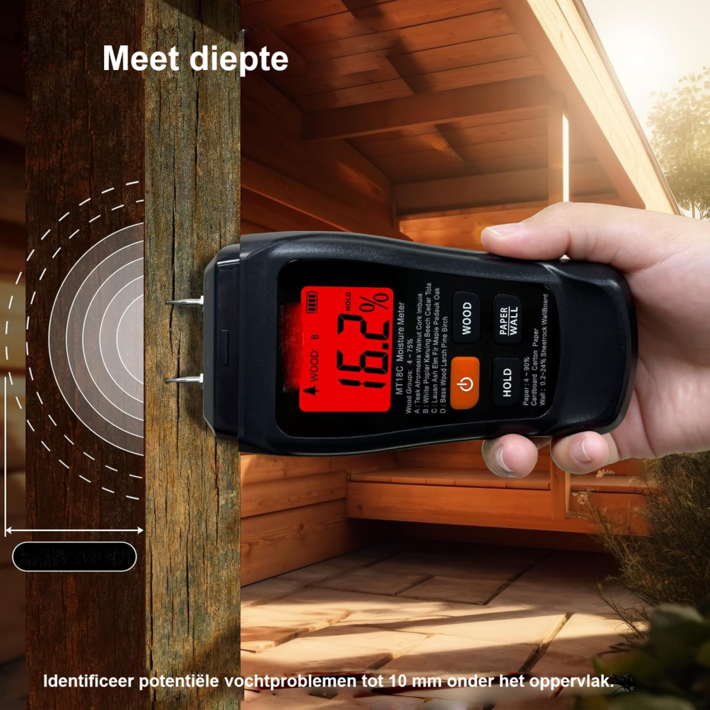 Digitale houtvochtmeter met 2 meetpennen en kleurendisplay voor hout, muren en vloeren