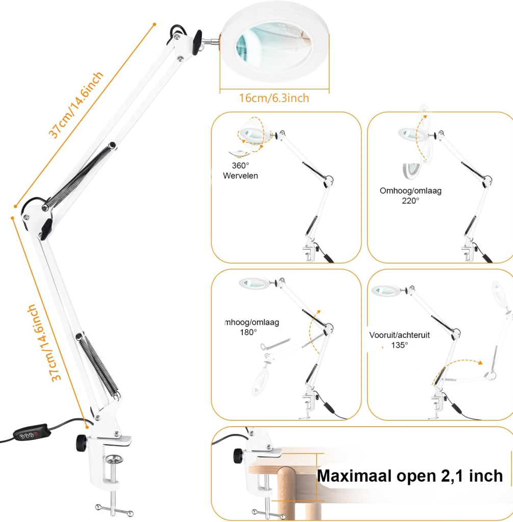 LED vergrootglaslamp met klem, 10x vergroting, dimbare verlichting en 3 kleurmodi, wit