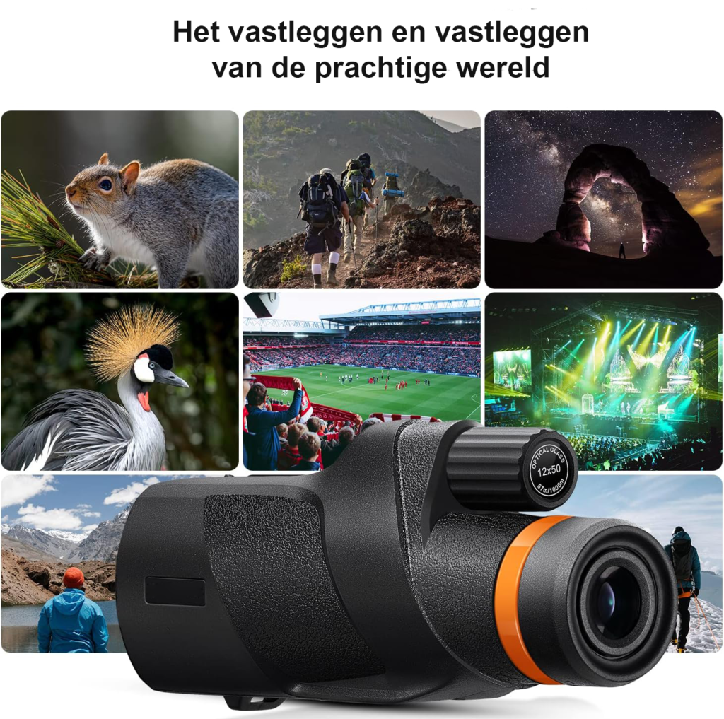 Monoculair Telescoop 12x50 HD - Verrekijker voor Vogelspotten en Wandelen - Smartphonehouder met Arca-interface - IP66 Waterdicht, Zwart