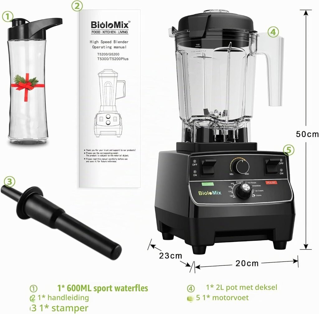 Krachtige mixer 2200W met 2 liter blenderkan en 600 ml reisbeker, BPA-vrij en zelfreinigend