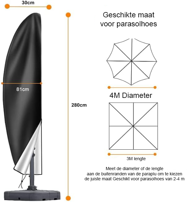 Waterdichte Parasolhoes - UV-bestendige Tuinparasol Beschermhoes met Rits - Winddichte Parasol Cover van 600D Oxford - Geschikt voor 2,5 m, 2,7 m, 3 m en 4 m Parasols