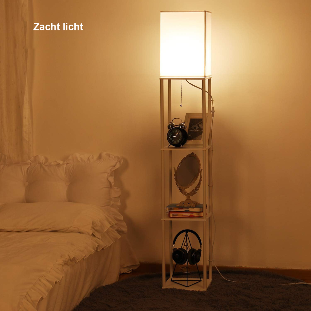 Witte dimbare LED vloerlamp met houten plank, 3 kleurtemperaturen en 9W LED voor woonkamer, slaapkamer of kantoor