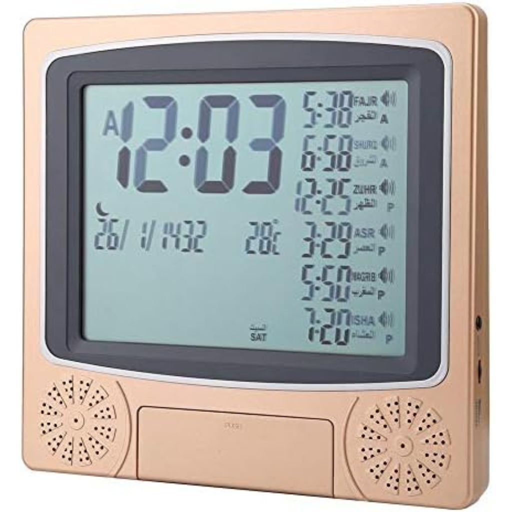 Islamitische gebedsklok met digitaal LCD-display, programmeerbare azan-alarmen, kalender en temperatuurweergave