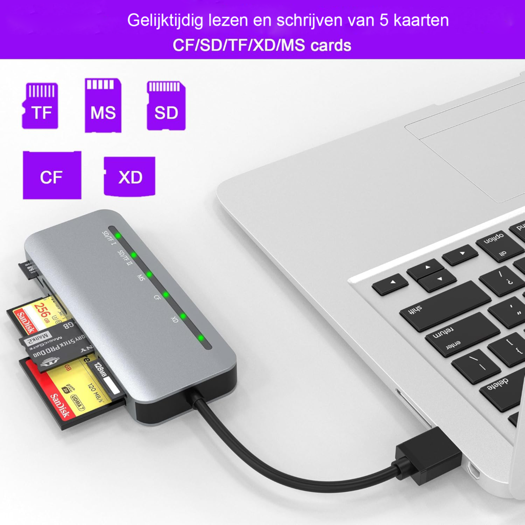 7-in-1 USB 3.0 multi SD kaartlezer voor SD, Micro SD, CF, XD, MS en MMC geheugenkaarten
