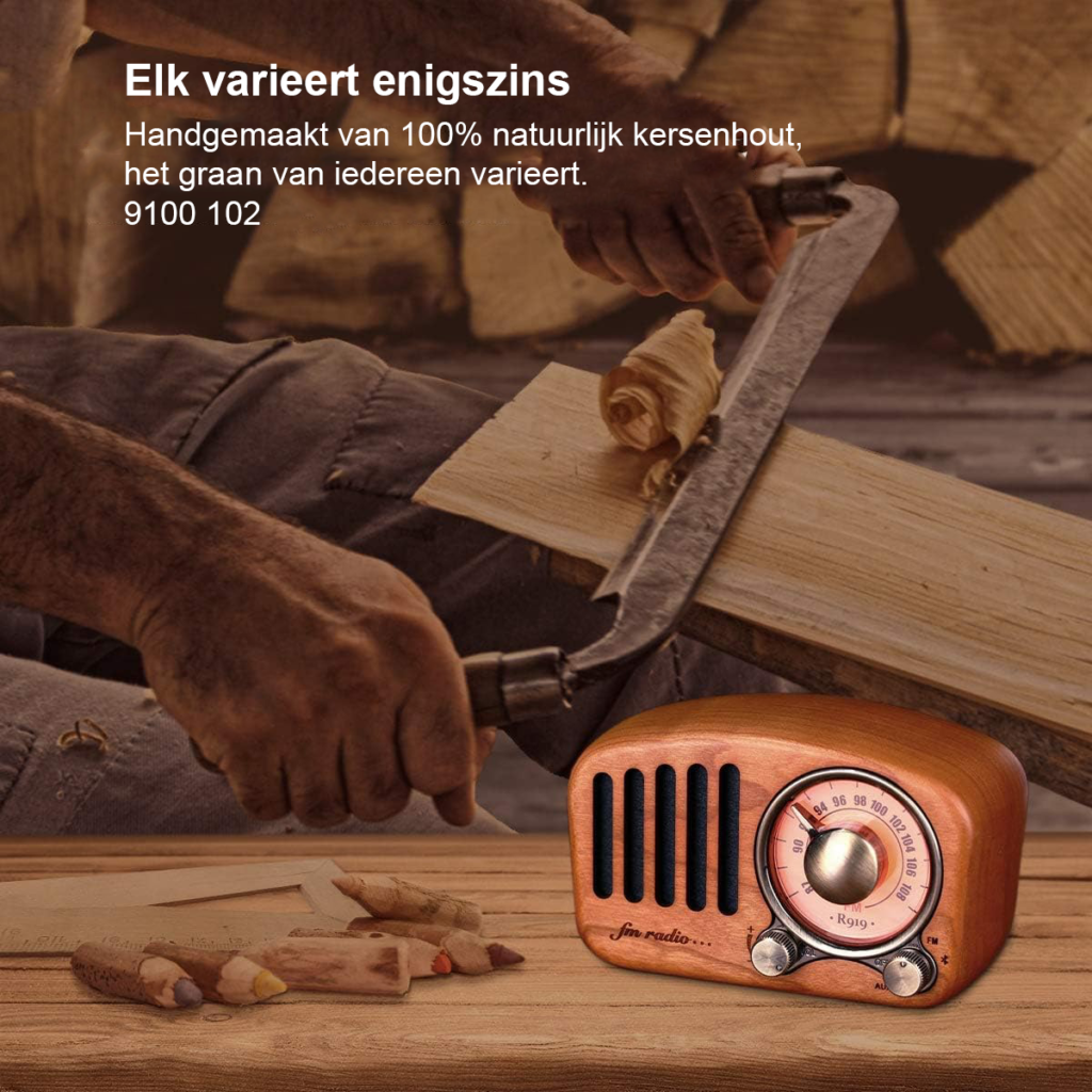 Draagbare retro houten FM-radio in kersenhoutlook met Bluetooth, MP3-speler, SD-kaart en AUX-aansluiting
