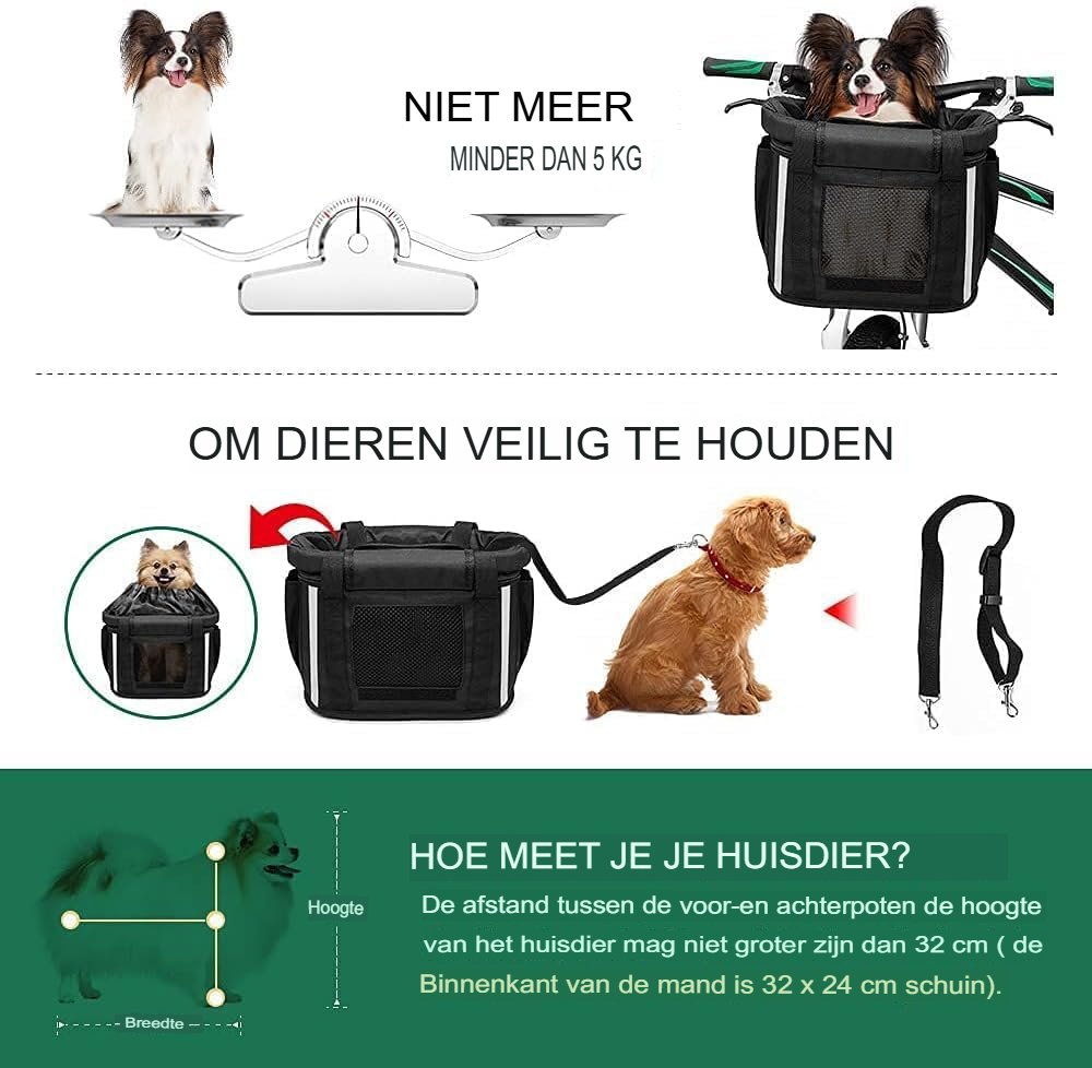Afneembare fietsmand voor honden met veiligheidsriem voor damesfiets en mountainbike