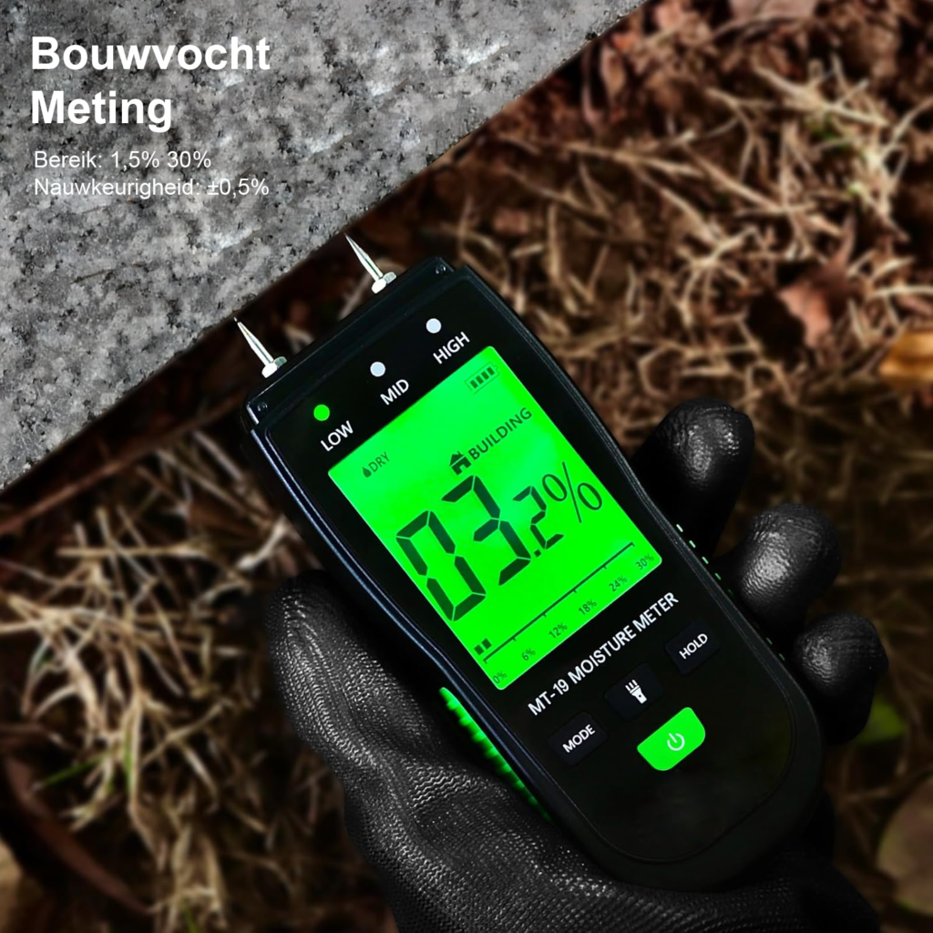 Vochtmeter voor Hout, Muren en Bouwmaterialen - Digitale Vochtigheidsmeter voor Haardhout, Vloeren en Tapijt - Voor Plafonds en Caravans - Inclusief Batterijen