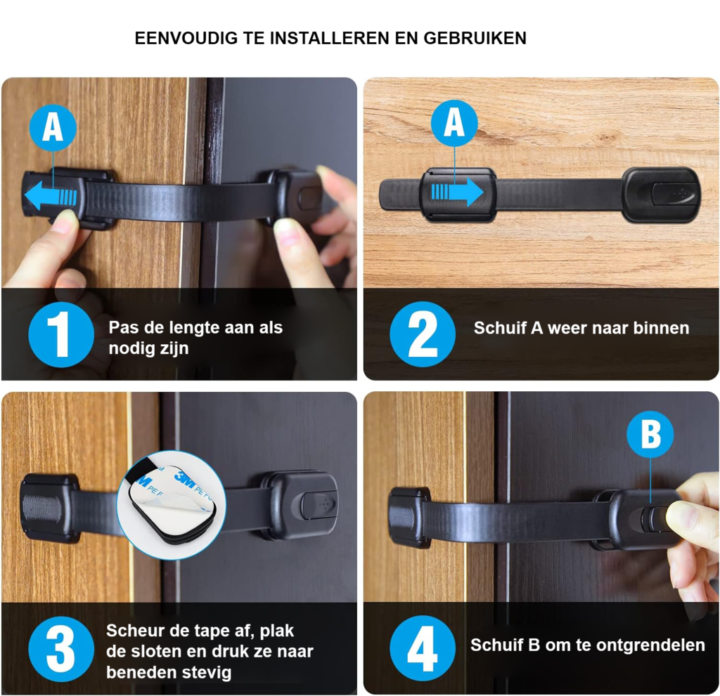 Verstelbaar zelfklevend kinderslot voor kastjes en laden, set van 7 stuks
