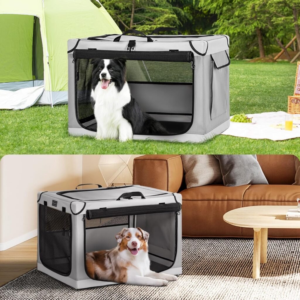 Vouwbare hondenbox voor middelgrote honden, grijs, met scheurvast gaasvenster en matrasbeschermer, maat L