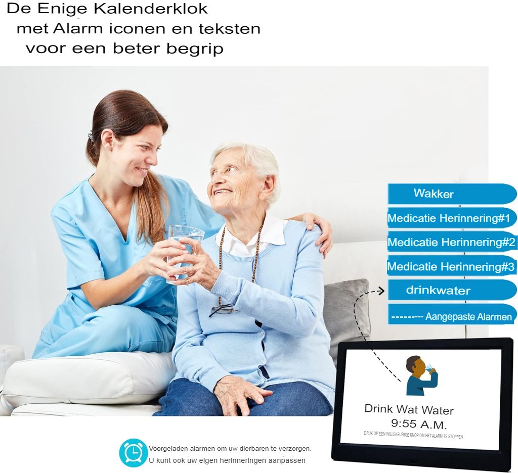 Digitale kalenderklok van 10 inch voor senioren met dag-, datum- en tijdweergave, zon- en maaniconen en instelbare herinneringen