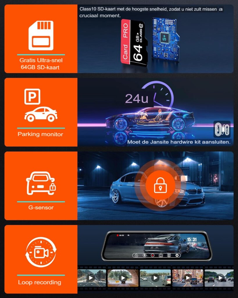 Spiegel dashcam met achteruitrijcamera, IPS-touchscreen, nachtzicht en loopopname voor de auto