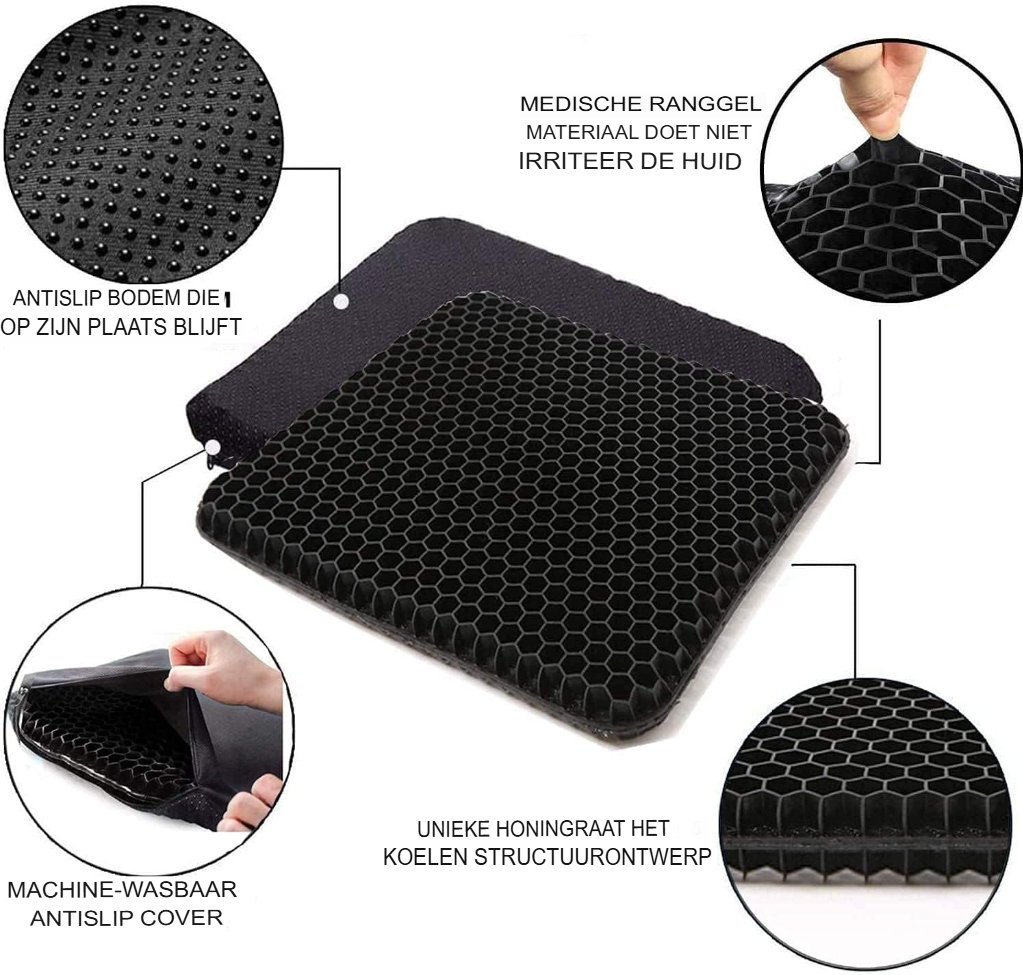 Orthopedisch gel zitkussen met ademende honingraatstructuur en antisliphoes voor auto, bureaustoel en rolstoel