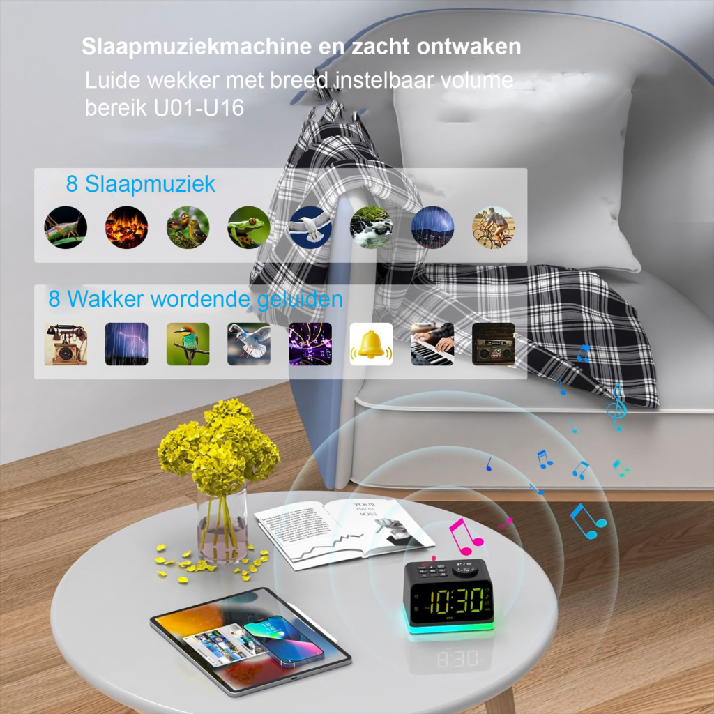 Digitale witte wekker met dubbele alarmfunctie, FM-radio, kleurrijk LED-display, 2 USB-oplaadpoorten en nachtlampje met 8 kleuren