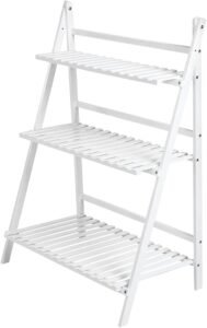 Vouwbaar Plantenrek met 3 Niveaus – Bloemenrek van Bamboe voor Binnen en Buiten – Wit – 70 x 40 x 96 cm