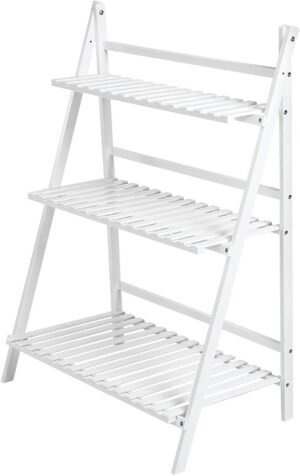 Vouwbaar plantenrek met 3 niveaus van bamboe, wit, 70 x 40 x 96 cm