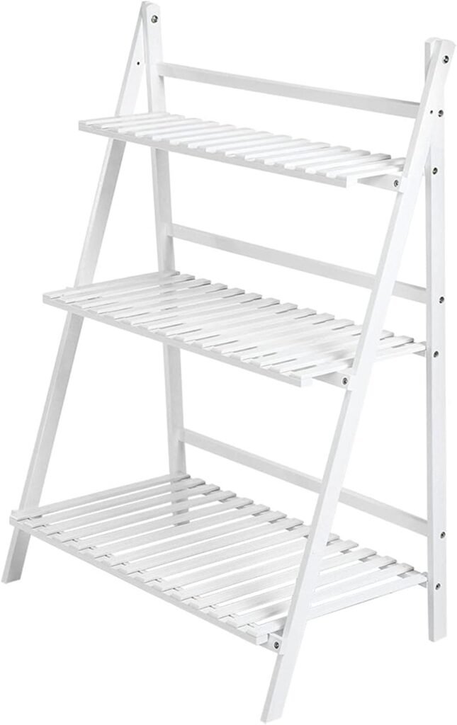 Vouwbaar plantenrek met 3 niveaus van bamboe, wit, 70 x 40 x 96 cm