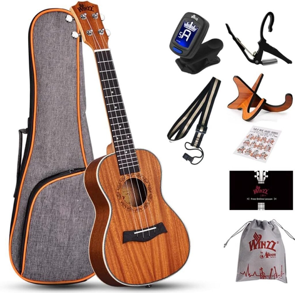 Concert ukulele 23 inch van mahonie hout met standaard en capo voor beginners