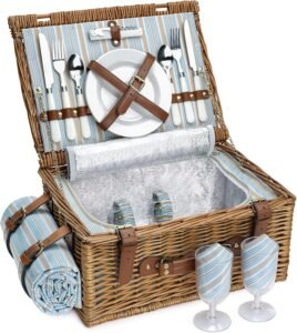 Picknickmand Set voor 2 Personen – Wilgenmand met Geïsoleerd Koelvak – Picknickdeken en Picknickservies met Bestek, Borden, Glazen en Flesopener