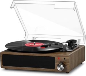 Platenspeler met Ingebouwde Stereo Speakers – Retro Vinyl Draaitafel met Bluetooth – 3 Snelheden 33, 45 en 78 RPM – RCA Uitgang en AUX-ingang, Zwart met Walnoothout Design