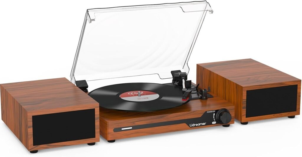 Gele vintage platenspeler met 2 stereo speakers, Bluetooth 5.3, USB en 3 afspeelsnelheden
