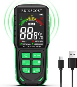Pinloze Vochtmeter Digitaal – Vochtmeter voor Muren en Hout – Niet-Invasieve Vochtmeting – LCD Display met Achtergrondverlichting en USB-Oplaadfunctie