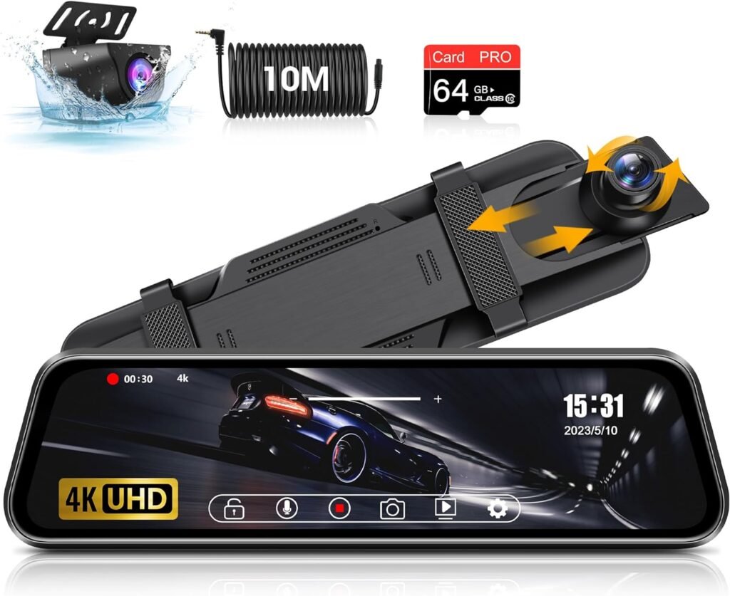 Spiegel dashcam met achteruitrijcamera, IPS-touchscreen, nachtzicht en loopopname voor de auto