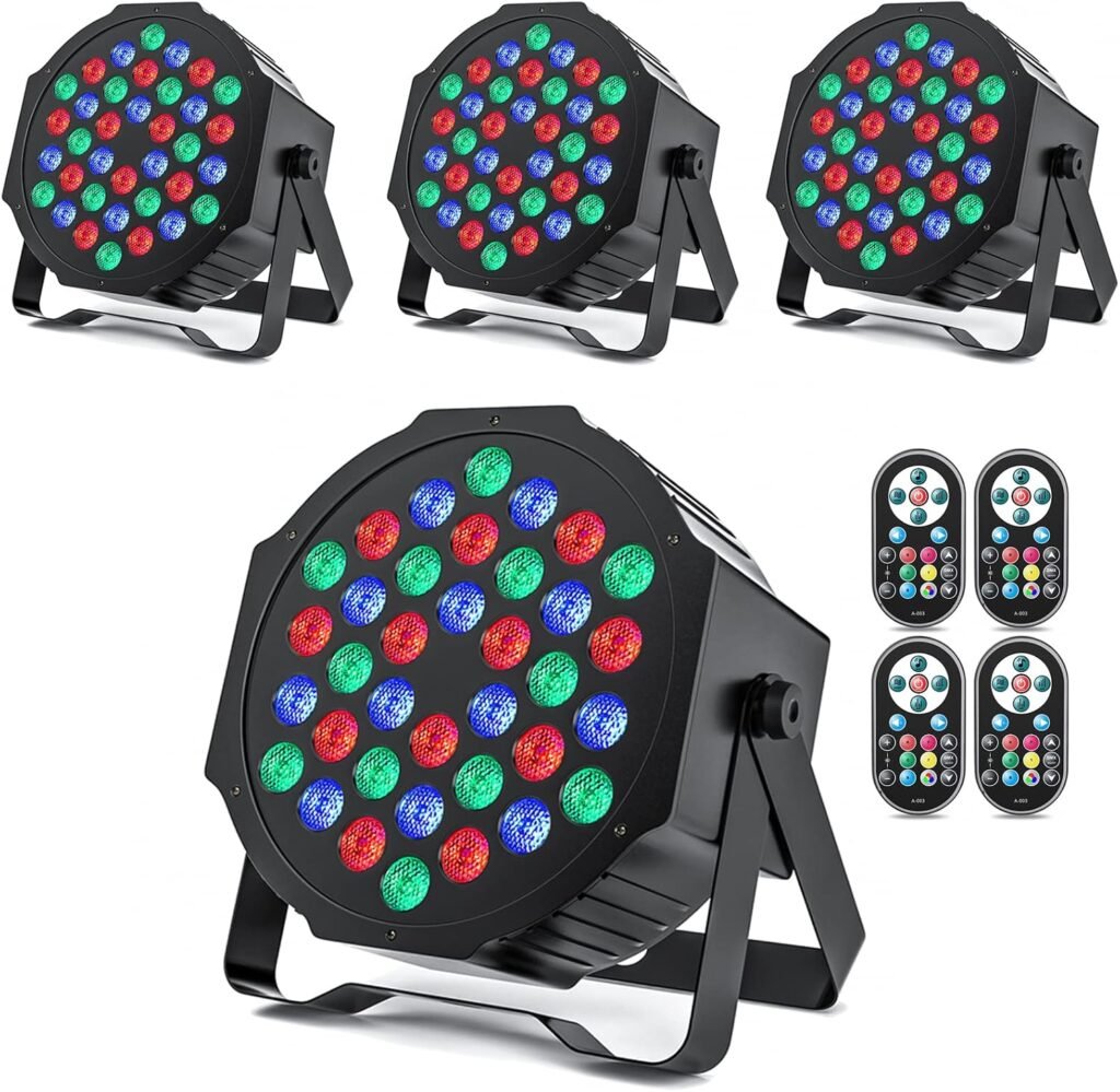 Set van 4 RGB LED disco spotlights met 36 leds, DMX512, afstandsbediening en geluidsbesturing voor feestverlichting