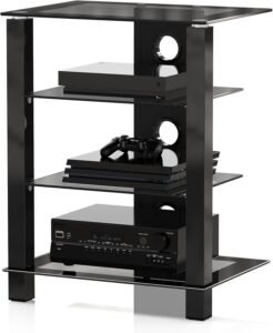TV-meubel met HiFi-plank – Audiokast van glas en aluminium – In hoogte verstelbaar – Voor televisie en audioapparatuur