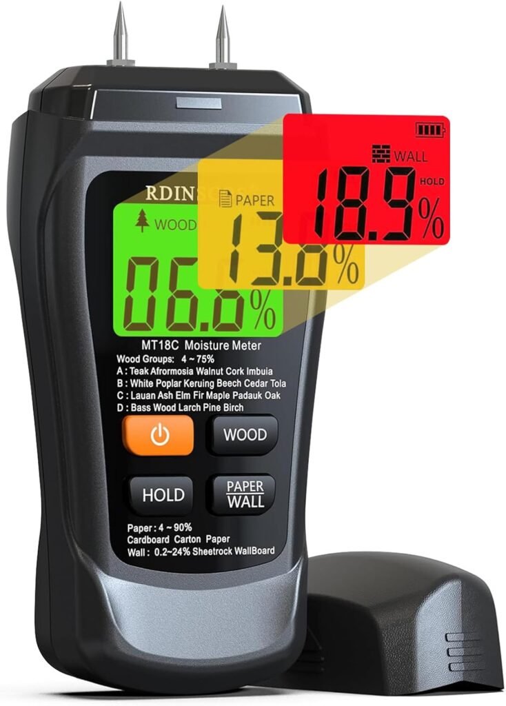 Digitale houtvochtmeter met 2 meetpennen en kleurendisplay voor hout, muren en vloeren
