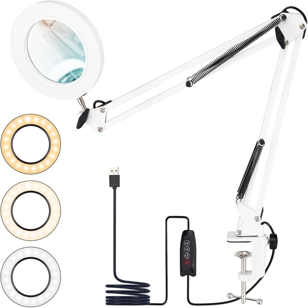 LED vergrootglaslamp met klem, 10x vergroting, dimbare verlichting en 3 kleurmodi, wit