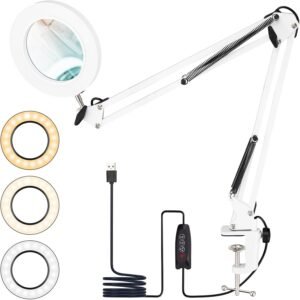 LED Vergrootglaslamp met Klem 10x Vergroting – Dimbare Leeslamp met 3 Kleurmodi en 10 Helderheidsniveaus – Tafelverlichting voor Lezen, Handwerken en Hobby’s – Wit