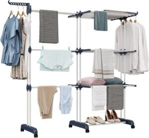 Toren Droogrek met 3 Niveaus – Opvouwbaar Wasrek met 6 Inklapbare Vleugels – Uitschuifbaar van 66 tot 130 cm – Blauw-Wit voor Binnen en Buiten