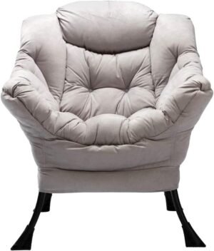 Grijze relaxfauteuil met armleuningen en stalen frame, comfortabele lounge- en leesstoel voor woonkamer of slaapkamer, 95 x 80 x 64 cm