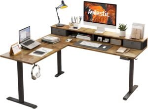 L-vormig Elektrisch Zit-Sta Bureau 160 cm met 2 Lades – Ergonomisch Verstelbaar Hoekbureau – Thuiswerkbureau met Opbergruimte – Rustiek Bruin