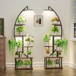 Plantenrek met Groeilamp 7 Lagen – Metalen Plantenstandaard voor Binnen en Buiten – Halvemaanvormig Plantenrek voor Woonkamer, Balkon en Patio