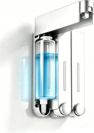 Wandmontage shampoo dispenser met 3 kamers, handmatige zeepdispenser voor douche en badkamer in zilver