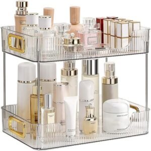 Badkamer Organizer met 2 Lagen – Transparant Make-up Rek voor Cosmetica en Huidverzorging – Ruimtebesparende Opbergtray voor Wastafel