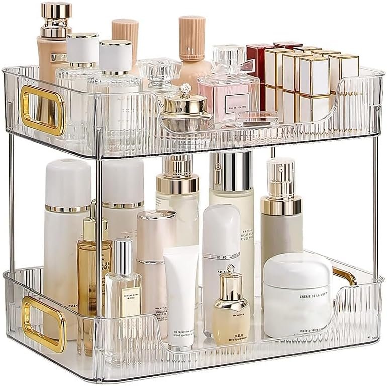 Transparante badkamer organizer met 2 lagen voor make-up, cosmetica en huidverzorging op de wastafel