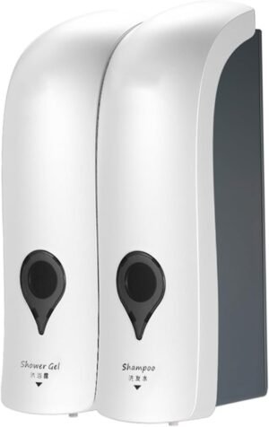 Witte wandmontage zeepdispenser met 2 reservoirs van 300 ml voor shampoo, zeep en douchegel, zonder boren
