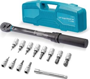 Momentsleutel 1/4 inch 5-25 Nm – Fietsgereedschap voor Precisieonderhoud – Set met Zeskant- en Torx Bits, Dopsleutels en Verlengstang